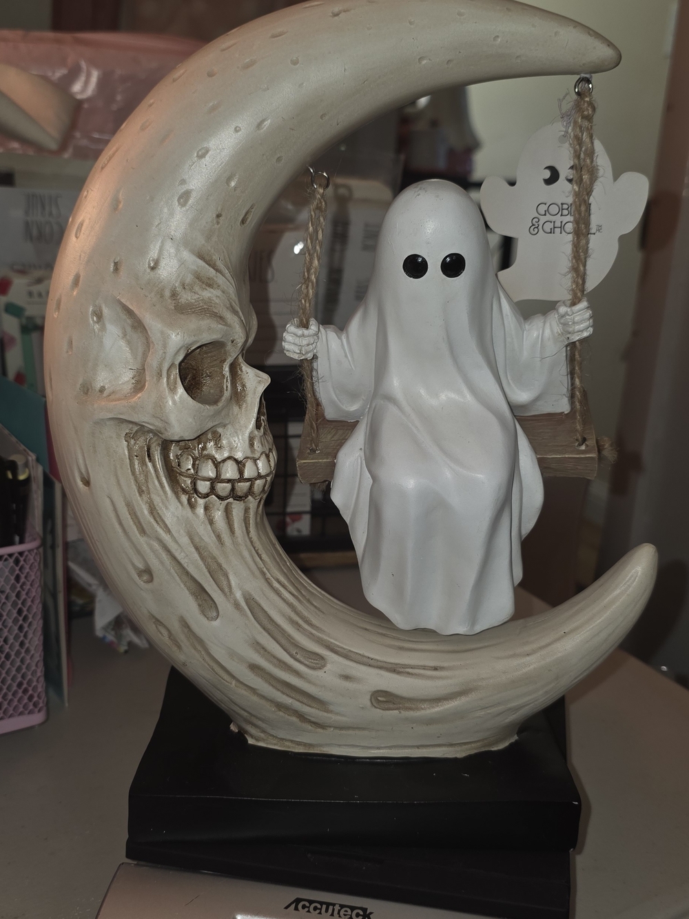 Whimsical Ghost on Crescent Moon Figurine